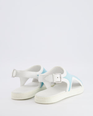 Hermès White Leather and Light Blue Canvas Sandals with Palladium Buckle Size 38