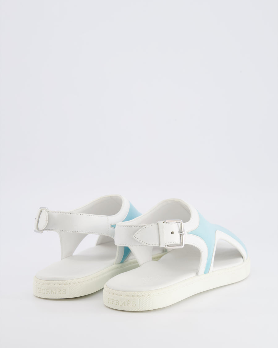 Hermès White Leather and Light Blue Canvas Sandals with Palladium Buckle Size 38