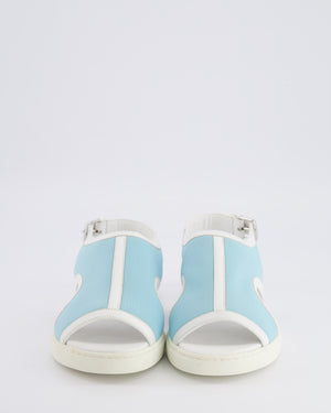 Hermès White Leather and Light Blue Canvas Sandals with Palladium Buckle Size 38
