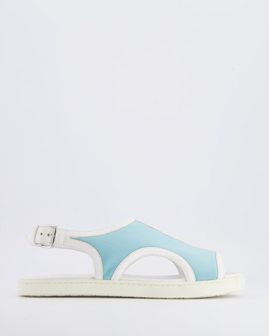 Hermès White Leather and Light Blue Canvas Sandals with Palladium Buckle Size 38