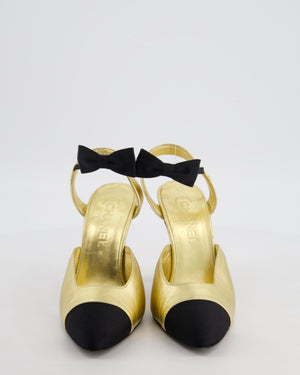 Chanel S20 Gold Leather Cap-Toe Slingback Heels details Size EU 38.5