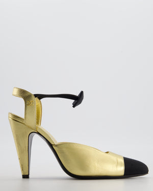 Chanel S20 Gold Leather Cap-Toe Slingback Heels details Size EU 38.5