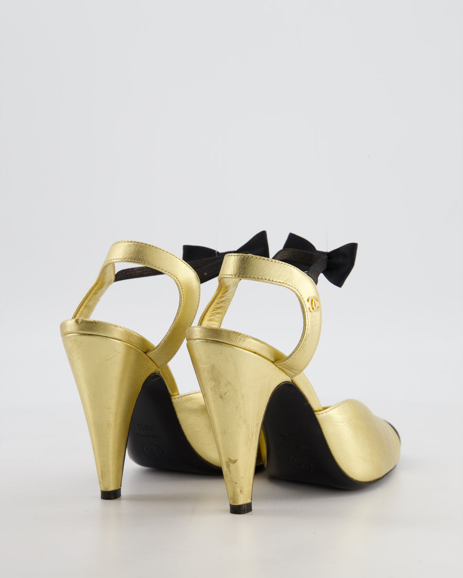 Chanel S20 Gold Leather Cap-Toe Slingback Heels details Size EU 38.5