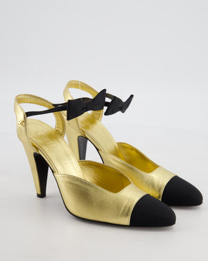 Chanel S20 Gold Leather Cap-Toe Slingback Heels details Size EU 38.5