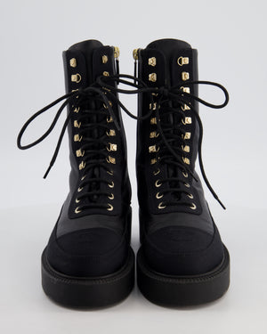 Chanel Black Leather and Fabric Lace Up Combat Boots with Champagne Gold CC Details and Stitched CC Logo Size EU 38.5 UK 5.5