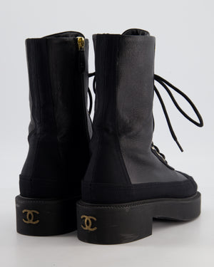 Chanel Black Leather and Fabric Lace Up Combat Boots with Champagne Gold CC Details and Stitched CC Logo Size EU 38.5 UK 5.5