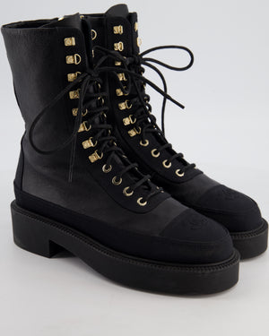 Chanel Black Leather and Fabric Lace Up Combat Boots with Champagne Gold CC Details and Stitched CC Logo Size EU 38.5 UK 5.5
