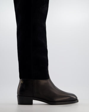 Chanel Black Suede Knee High CC Riding Boots Size EU 38