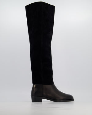 Chanel Black Suede Knee High CC Riding Boots Size EU 38