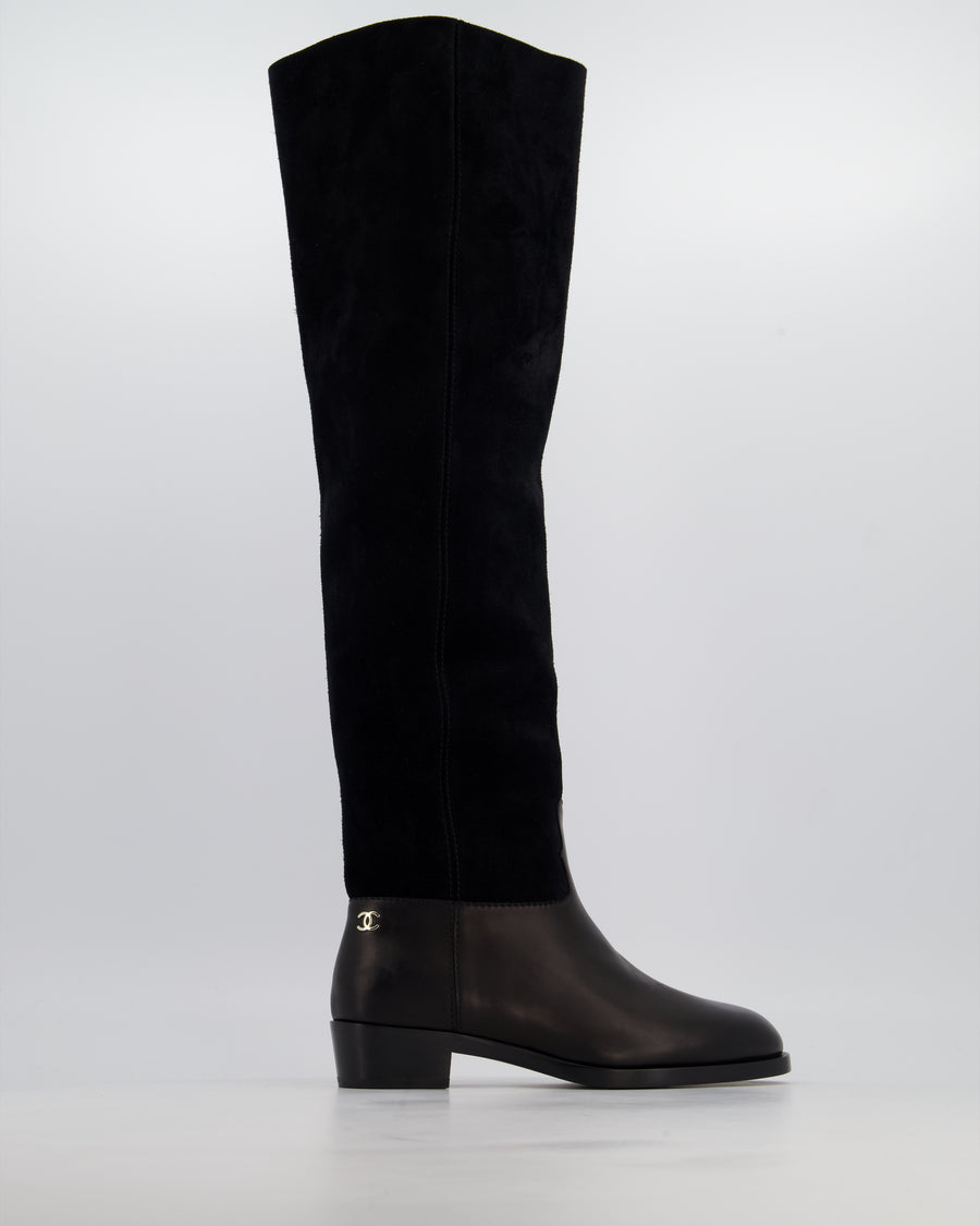 Chanel Black Suede Knee High CC Riding Boots Size EU 38