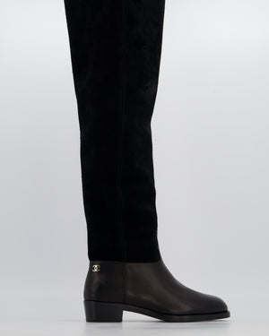 Chanel Black Suede Knee High CC Riding Boots Size EU 38