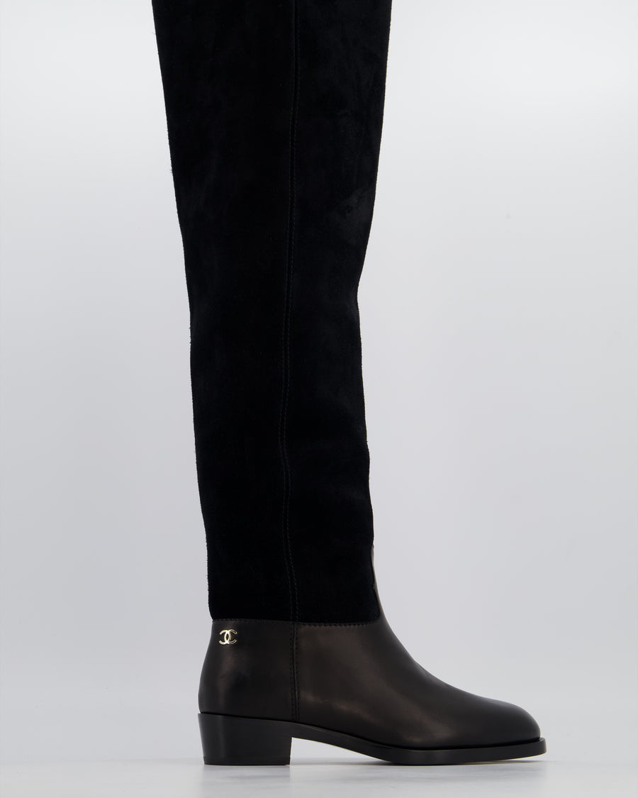 Chanel Black Suede Knee High CC Riding Boots Size EU 38