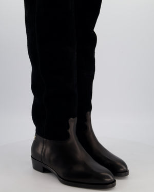 Chanel Black Suede Knee High CC Riding Boots Size EU 38