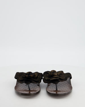 Chanel Black Metallic Suede Camellia Sandals Size EU 37