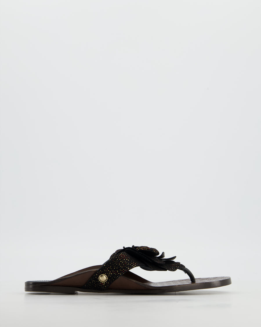 Chanel Black Metallic Suede Camellia Sandals Size EU 37