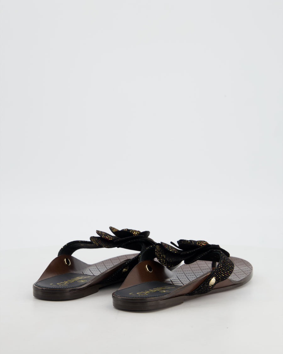 Chanel Black Metallic Suede Camellia Sandals Size EU 37