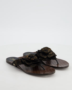 Chanel Black Metallic Suede Camellia Sandals Size EU 37