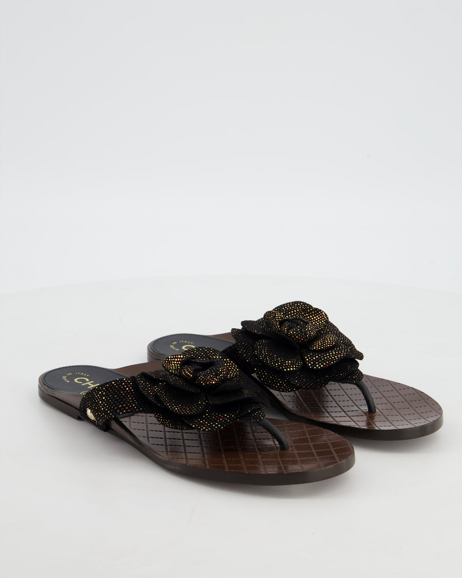 Chanel Black Metallic Suede Camellia Sandals Size EU 37