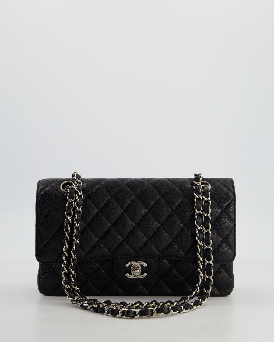 Chanel Black Medium Classic Double Flap Bag in Caviar Leather with Silver Hardware