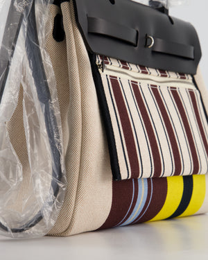Hermès Herbag 31 Zip Bag in Ecru, Beige, Jaune & Bordeaux Toile H Rayures Equipage Canvas, Noir Vache Hunter Leather with Palladium Hardware