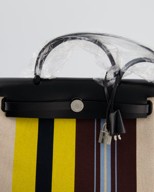 Hermès Herbag 31 Zip Bag in Ecru, Beige, Jaune & Bordeaux Toile H Rayures Equipage Canvas, Noir Vache Hunter Leather with Palladium Hardware