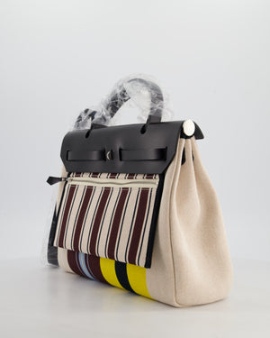 Hermès Herbag 31 Zip Bag in Ecru, Beige, Jaune & Bordeaux Toile H Rayures Equipage Canvas, Noir Vache Hunter Leather with Palladium Hardware