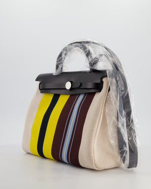 Hermès Herbag 31 Zip Bag in Ecru, Beige, Jaune & Bordeaux Toile H Rayures Equipage Canvas, Noir Vache Hunter Leather with Palladium Hardware