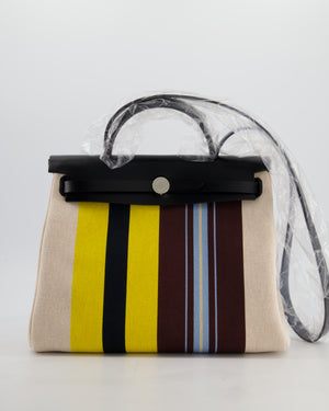 Hermès Herbag 31 Zip Bag in Ecru, Beige, Jaune & Bordeaux Toile H Rayures Equipage Canvas, Noir Vache Hunter Leather with Palladium Hardware