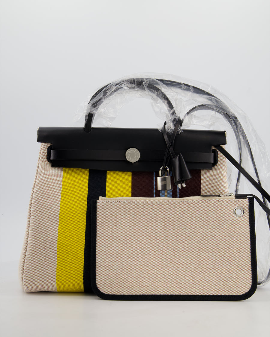 Hermès Herbag 31 Zip Bag in Ecru, Beige, Jaune & Bordeaux Toile H Rayures Equipage Canvas, Noir Vache Hunter Leather with Palladium Hardware