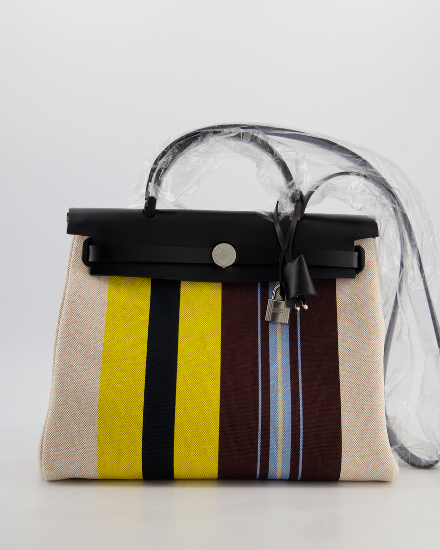 Hermès Herbag 31 Zip Bag in Ecru, Beige, Jaune & Bordeaux Toile H Rayures Equipage Canvas, Noir Vache Hunter Leather with Palladium Hardware