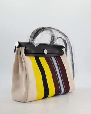 Hermès Herbag 31 Zip Bag in Ecru, Beige, Jaune & Bordeaux Toile H Rayures Equipage Canvas, Noir Vache Hunter Leather with Palladium Hardware
