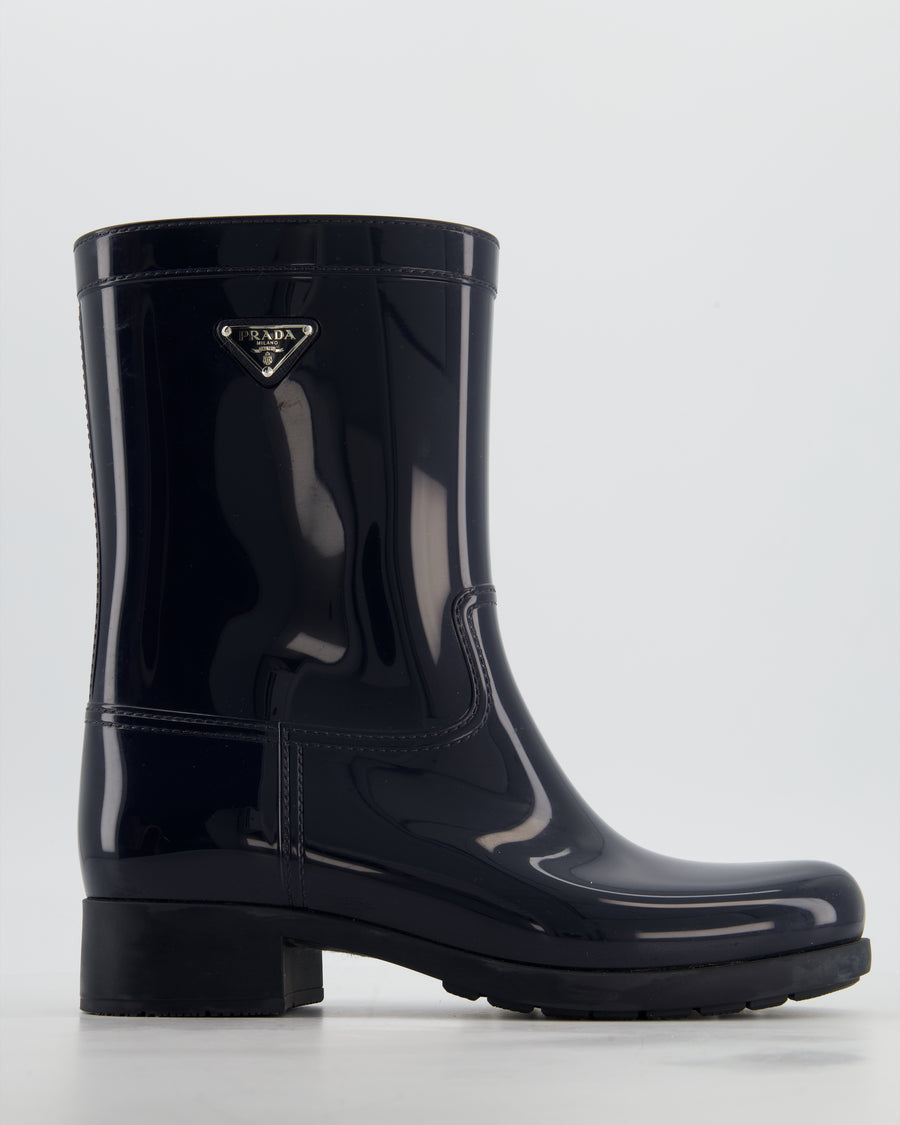 Prada Wellington Navy Rain Boots with Rubber Soles and Triangle Logo on the Side Size EU 40
