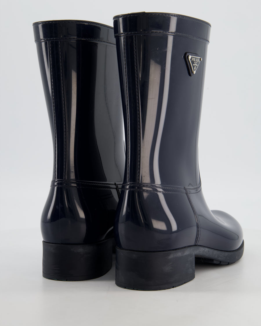 Prada Wellington Navy Rain Boots with Rubber Soles and Triangle Logo on the Side Size EU 40