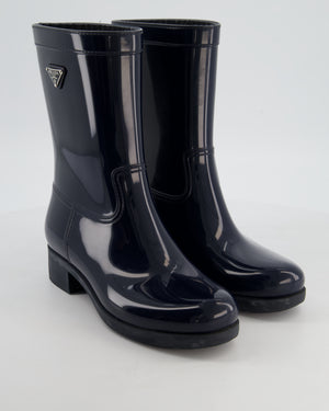 Prada Wellington Navy Rain Boots with Rubber Soles and Triangle Logo on the Side Size EU 40