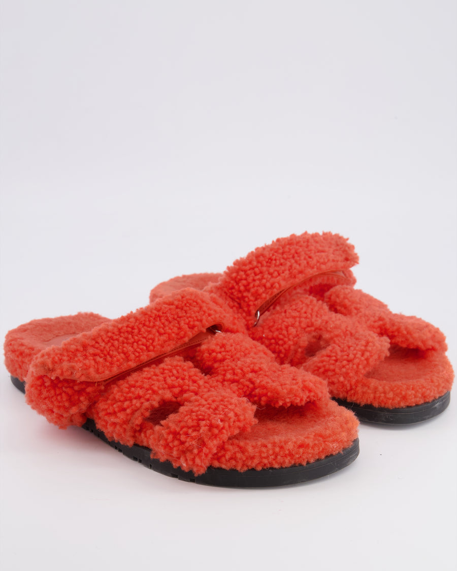 Hermès Orange Chypre Shearling Sandals Size EU 38.5 RRP £990