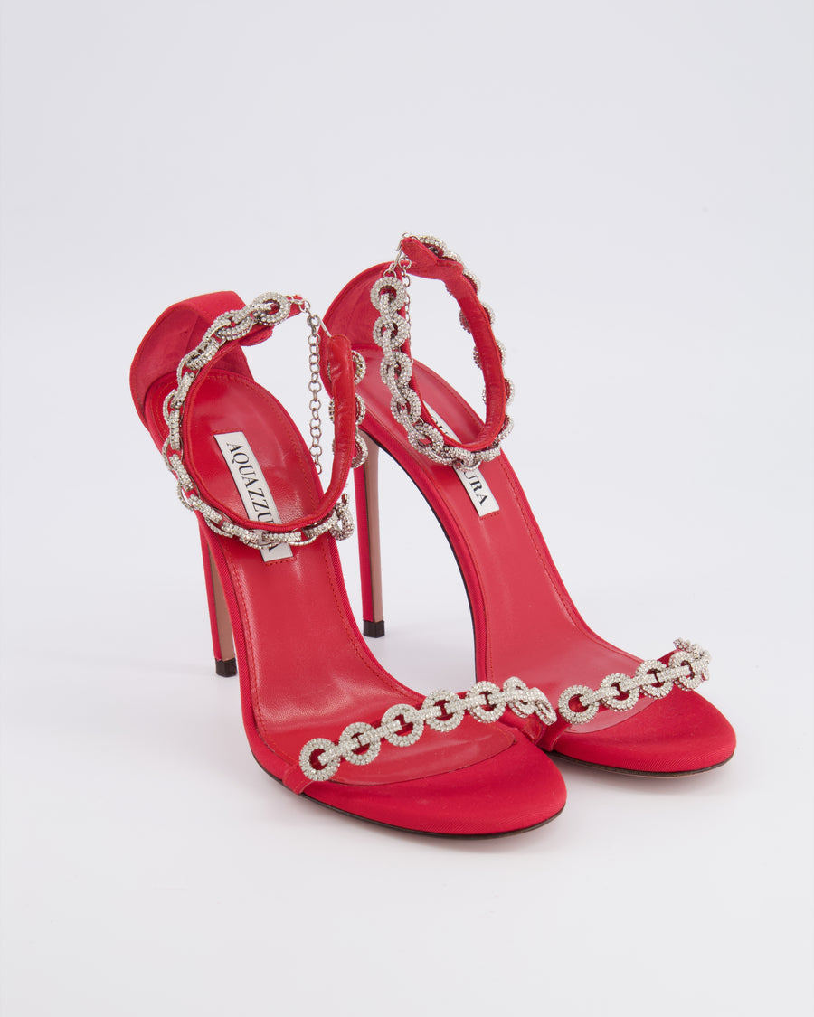 Aquazzura Red Love Link 105 Crystal Embellished Heeled Sandals Size EU 38 RRP £1,100