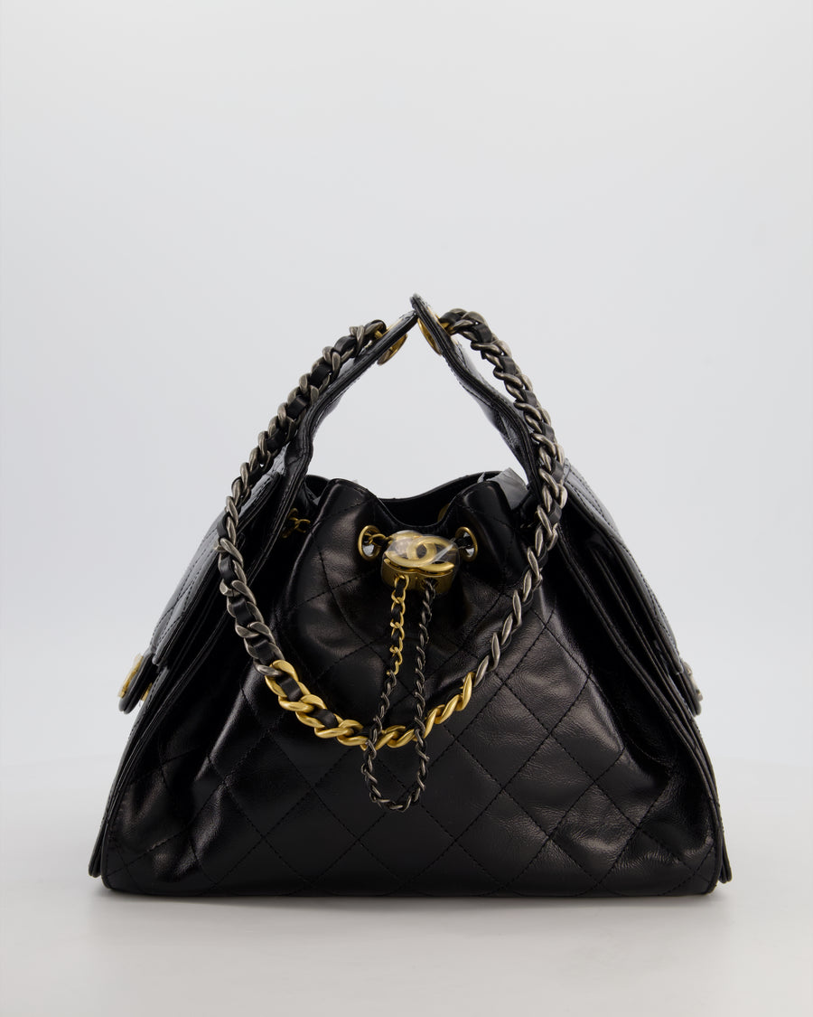 *RARE* Chanel Small 25 Handbag in Black Shiny Crumpled Calfskin Leather with Brushed Gold & Ruthenium Hardware
