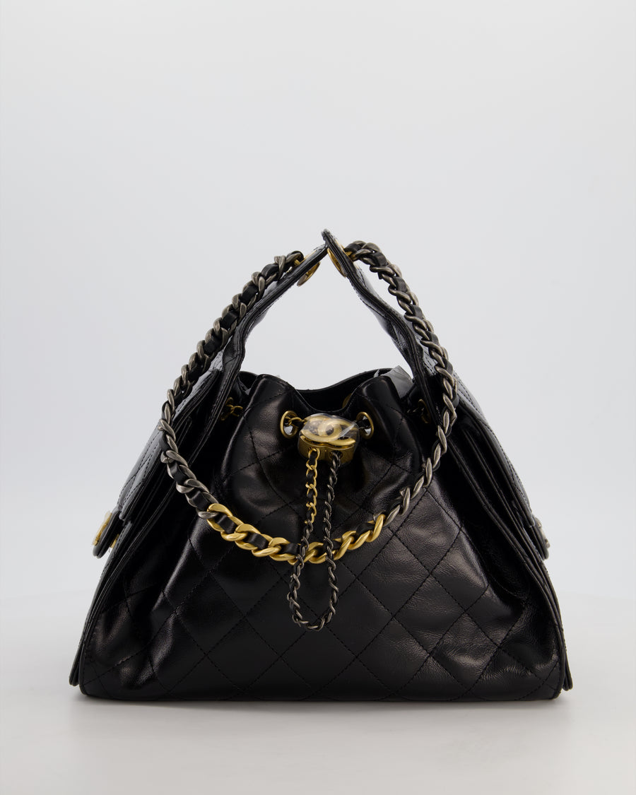 *RARE* Chanel Small 25 Handbag in Black Shiny Crumpled Calfskin Leather with Brushed Gold & Ruthenium Hardware