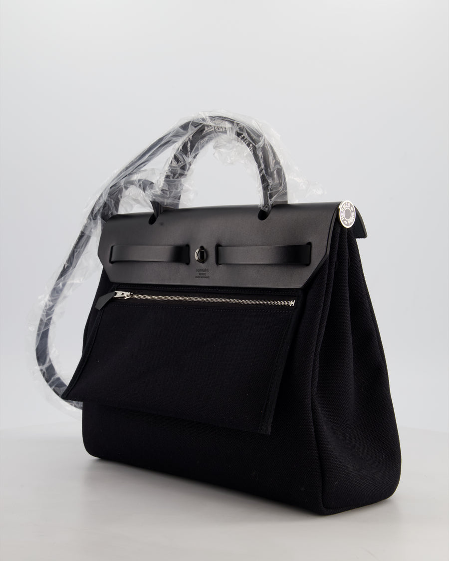 Hermès Herbag 31 Zip Bag in Noir Toile Officier Canvas, Noir Vache Hunter Leather with Palladium Hardware