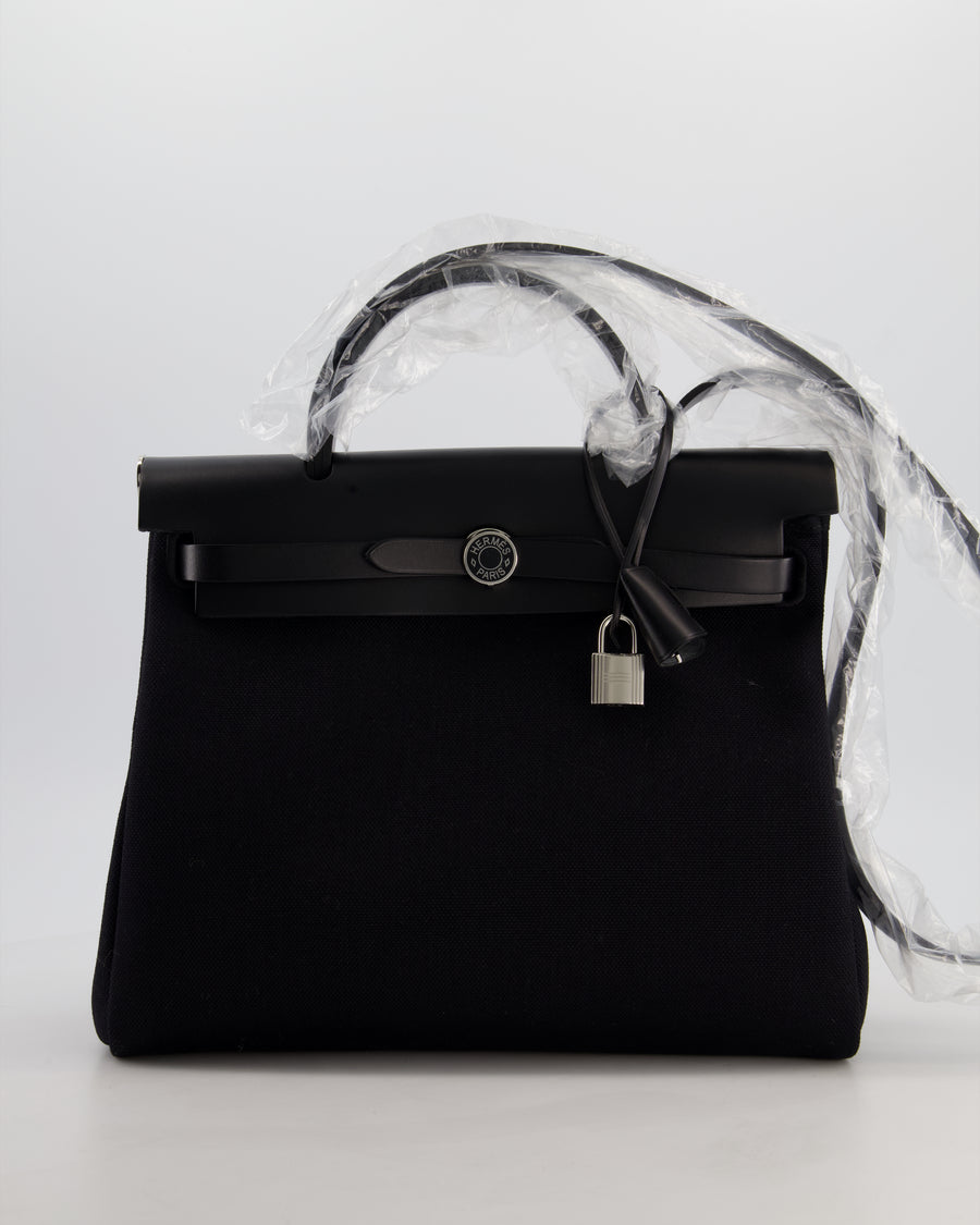 Hermès Herbag 31 Zip Bag in Noir Toile Officier Canvas, Noir Vache Hunter Leather with Palladium Hardware