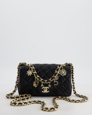 Chanel Black Mini Rectangular Single Flap Bag with Coco Charms in Lambskin Leather with Champagne Gold Hardware