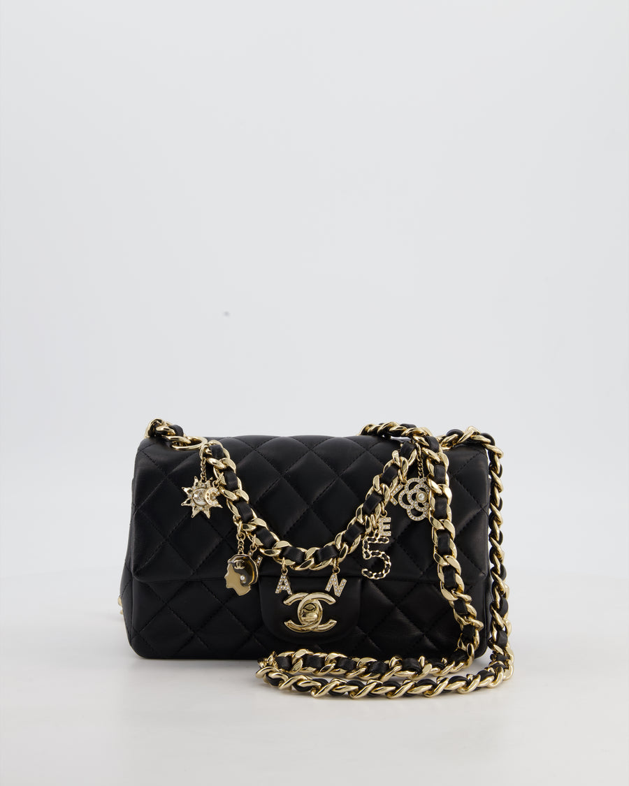 Chanel Black Mini Rectangular Single Flap Bag with Coco Charms in Lambskin Leather with Champagne Gold Hardware