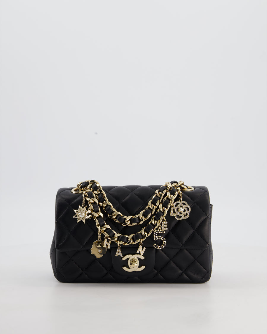 Chanel Black Mini Rectangular Single Flap Bag with Coco Charms in Lambskin Leather with Champagne Gold Hardware