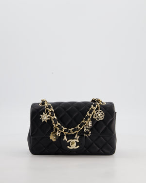Chanel Black Mini Rectangular Single Flap Bag with Coco Charms in Lambskin Leather with Champagne Gold Hardware