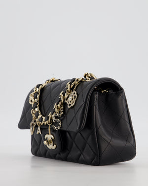 Chanel Black Mini Rectangular Single Flap Bag with Coco Charms in Lambskin Leather with Champagne Gold Hardware