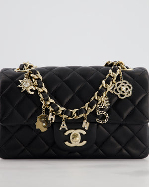 Chanel Black Mini Rectangular Single Flap Bag with Coco Charms in Lambskin Leather with Champagne Gold Hardware