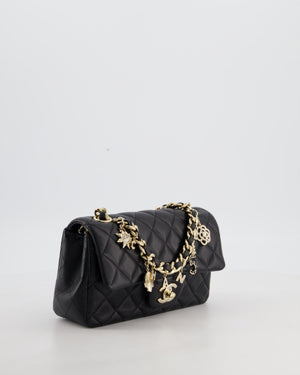Chanel Black Mini Rectangular Single Flap Bag with Coco Charms in Lambskin Leather with Champagne Gold Hardware