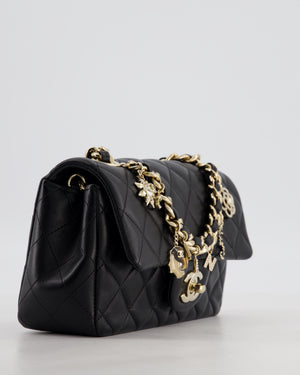 Chanel Black Mini Rectangular Single Flap Bag with Coco Charms in Lambskin Leather with Champagne Gold Hardware