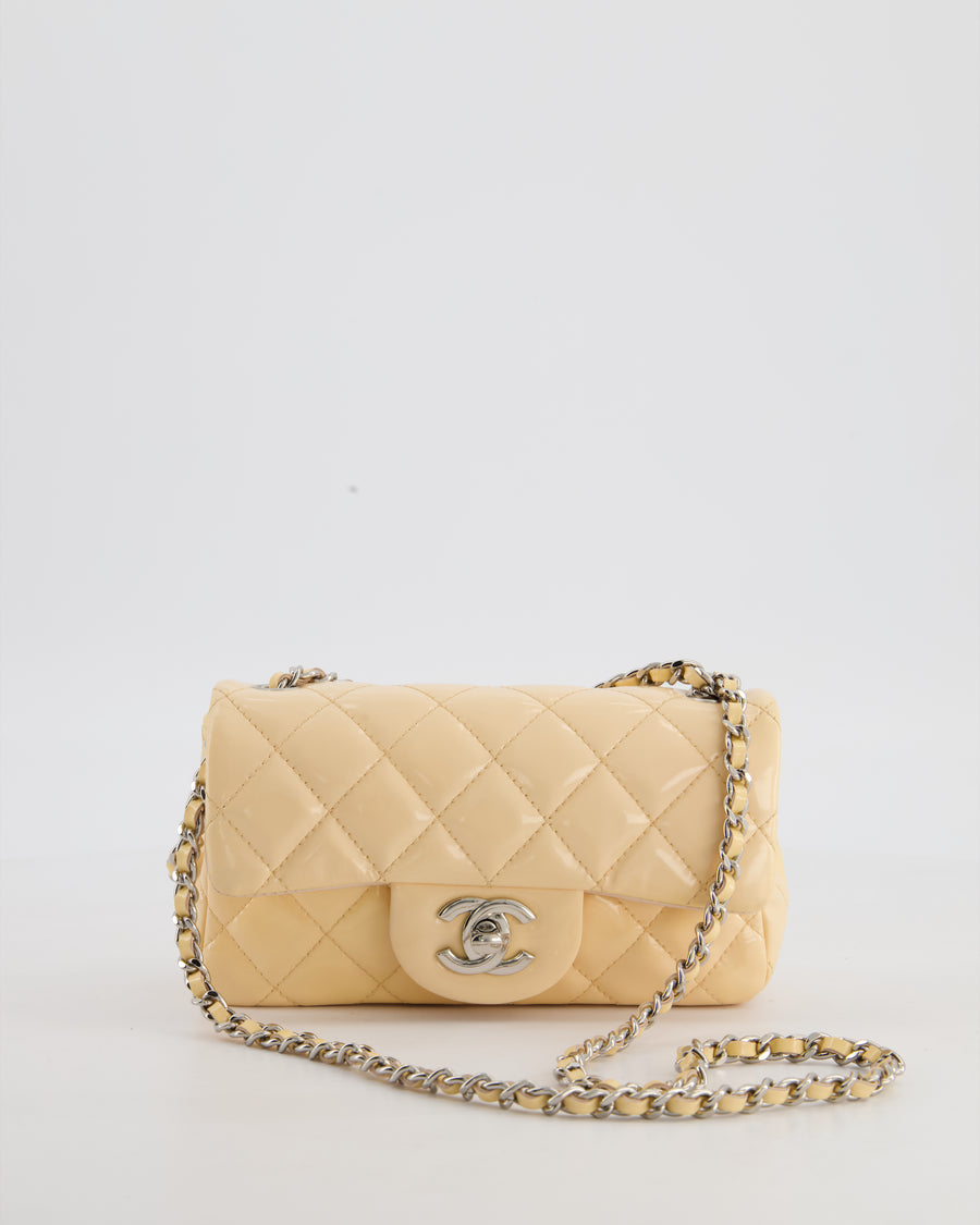 Chanel Beige Ultra Mini Rectangular Flap Bag in Patent Leather with Silver Hardware