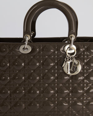 Christian Dior Large Lady Dior Bag in Dark Olive Green Patent Leather with Silver Hardware RRP £5,600